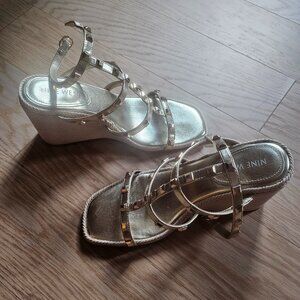 Nine West Gold Sardis Studded Wedge Sandals Size 7.5/38